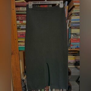 Free People Black Ribbed Midi Pencil Skirt with Front Slit